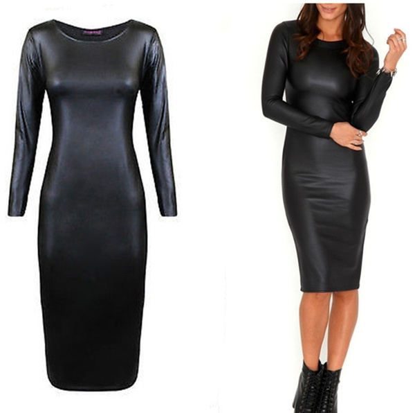 Women Imitation Leather Dresses Long Sleeve Crew Neck Midi Party Dress Clubwear Black Vestido De Festa | Wish Women Imitation Leather Dresses Long Sleeve Crew Neck Midi Party Dress Clubwear Black Vestido De Festa | Wish