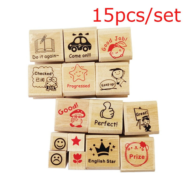 15pcs/set Cute DIY Cartoon Teacher's Stamp Reward Kids Wooden Stamp for  Teacher and Parents Kids Gift Rubber Stamp