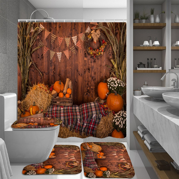 Thanksgiving Fall Harvest Pumpkin Fruit Rustic Shower Curtain Set Bathroom Decor 