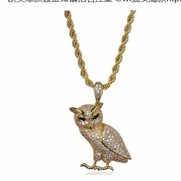 Owl Necklace Brass Golden Ice Out Micro 