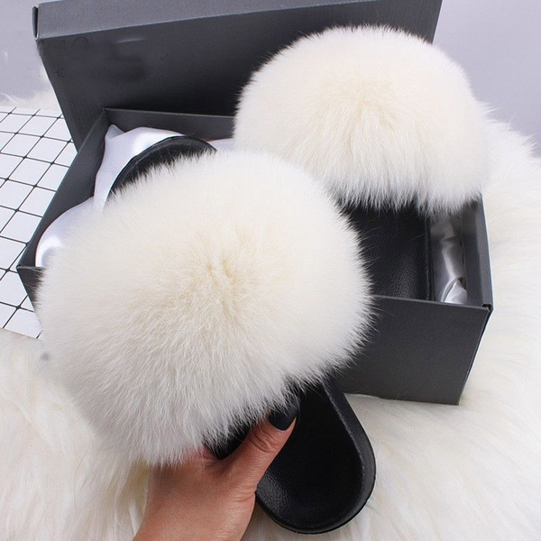 Real Slippers Unisex Slides Furry Slippers Girls Fluffy House Shoes Flip Flops Big Size | Wish