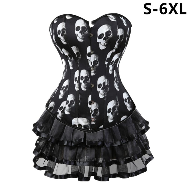 Sexy Women Corset Outfits Skull Printed Corset Dress Burleque Corset Lingerie Set Waist Training Corset Top With Mini Tutu Skirt Plus Size S 6XL