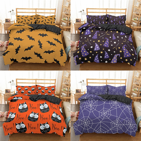 4 Colors Bedding Set Bat Owl Spiderweb Witch Hat Pattern Sets Duvet Cover Single Double Twin Full Queen King Size Wish 4 Colors Bedding Set Bat Owl, Witch Bed Is Bigger King Or Queen