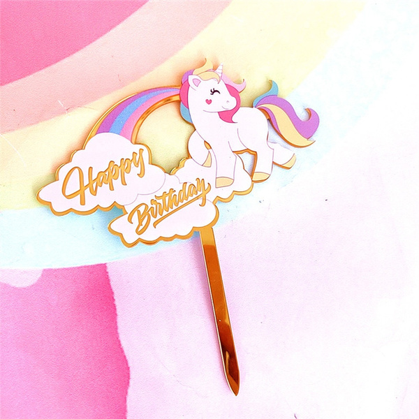 unicorn acrylic cake topper hot air balloon rainbow happy birthday cupcake topper for baby shower party cake decorations wish