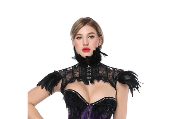 Womens Retro Punk Gothic Feather Collar Shoulder Lace Cape Shrug Carnival Costume 