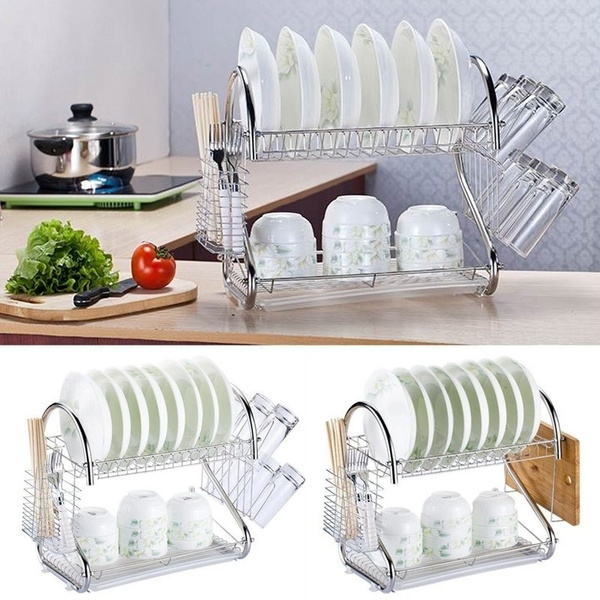 2 Tiers Home Kitchen Dish Plate Bowl Cup Drying Rack Drainer Holder Organizer 