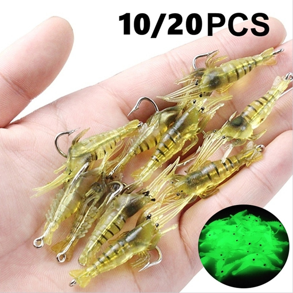 20pcs/10pcs Luminous Shrimp Soft Simulation Prawn Hook Tackle Bait Fishing Lures  Glow In The Dark