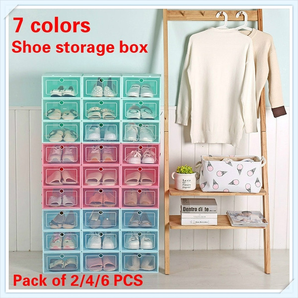 2 4 6pcs Shoe Rack Storage Bins Drawers Transparent Plastic Shoe Box Folding Shoe Boxes Space Saving Combination Flip Cover Storage Box Wish