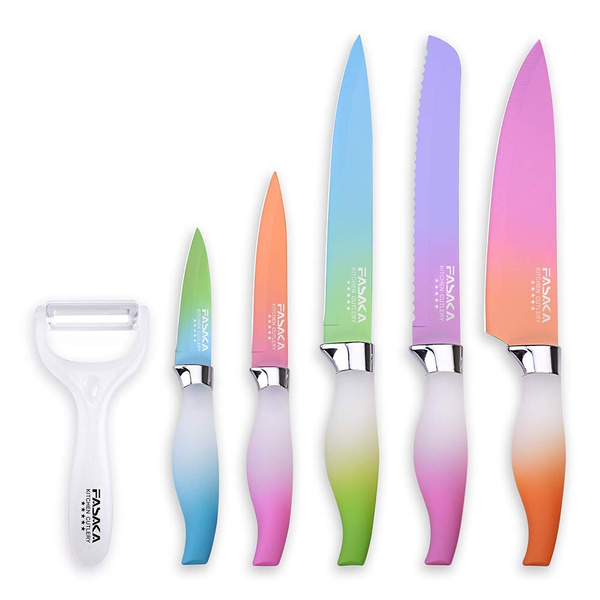 6 Piece Colorful Knife Set - 5 Kitchen Knives with 1 Peeler - Non