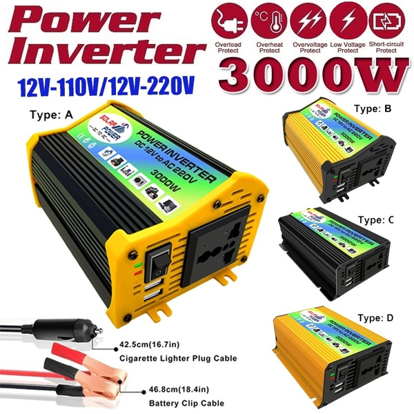 3000W 12V TO 110/220V USB AC Solar Power Inverter Built-in Cooling