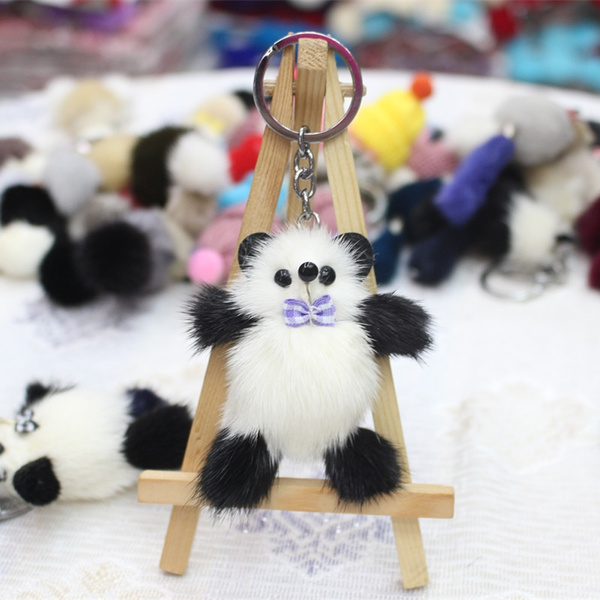 High-grade Mink Fur Panda Key Chain Lovely Panda Bear Animal Key Chains  Women Girls Bag Car Pom Pom Pompom Fur Keyring