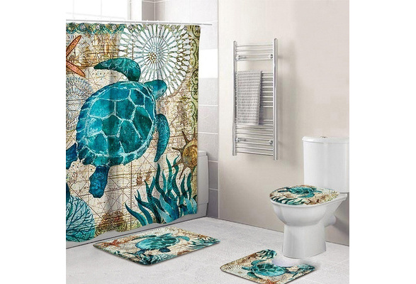 Turtle series Waterproof Bathroom Shower Curtain Toilet Cover Mat Rug Se_hc 