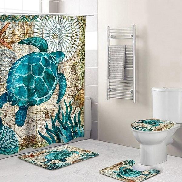 4Pcs Sea Turtles Bath Bathroom Shower Curtain Non Slip Toilet Cover Rugs Mat Set 
