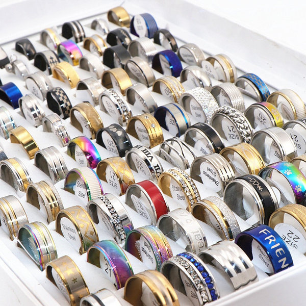 Wholesale Lots 100pcs Mix Styles Men's Women's Fashion Top Stainless Steel Rings 