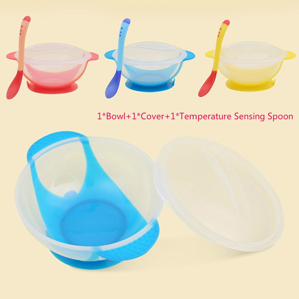 1 Set Baby Suction Bowl Slip-resistant Tableware and Temperature Sensing Spoon 