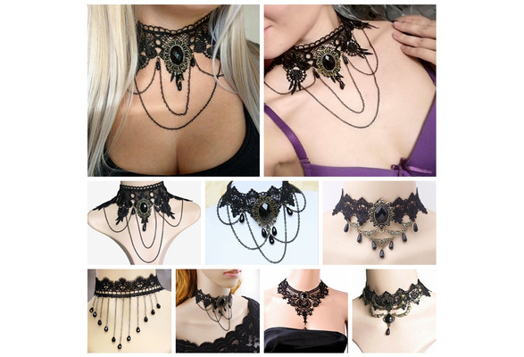 GS Vintage Steampunk Style Black Lace Necklace Beads Pendant Women Chokers  Gothic Collar