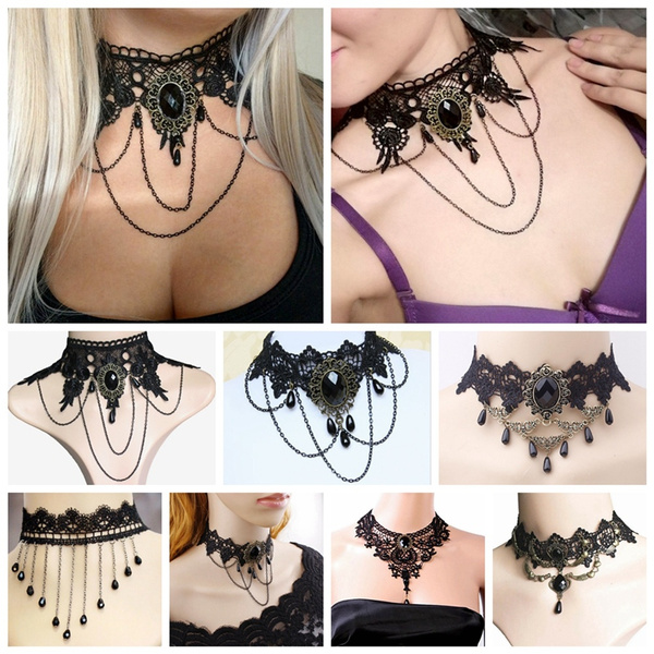 Necklace Vintage 1pcs Black Lace & Beads Choker New Steampunk Style Sexy  Victorian Women Chokers Gothic Collar Beads Pendant Black Lace Necklace