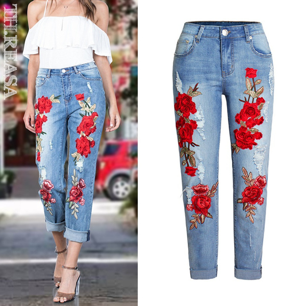 rose embroidered jeans