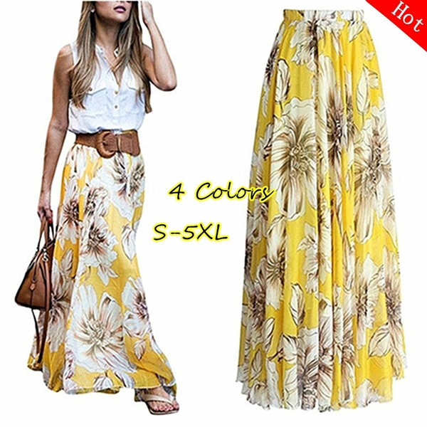 Summer Skirts Women's High Waist Fold Flower Print Chiffon Long Skirt ...