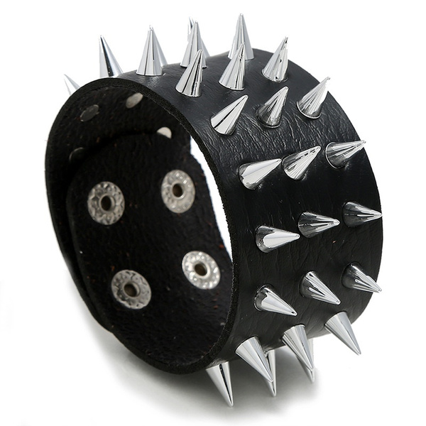 Men's Gothic Punk Studded Leather Cuff Bracelet - Black With Metal Spikes & Rivets