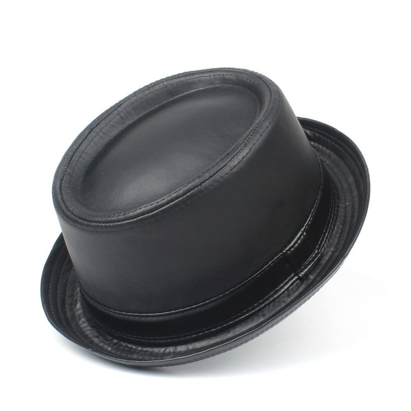 4 Size Leather Men Balck Pork Pie Hat 