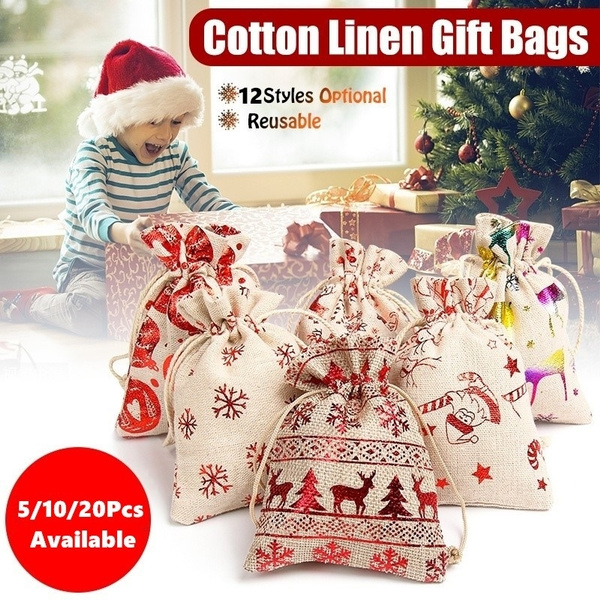 10 x Christmas Bags Reusable Drawstring Party Bags Wrap Presents Stocking Filler 