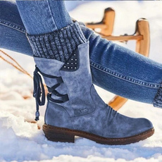 New Autumn and Winter Women's Boots In The Calf Boots Casual Flat Snow Boots Leather Sweater Bandage Boots Cowgirl Boots Zipper Low Heel Ladies Boots