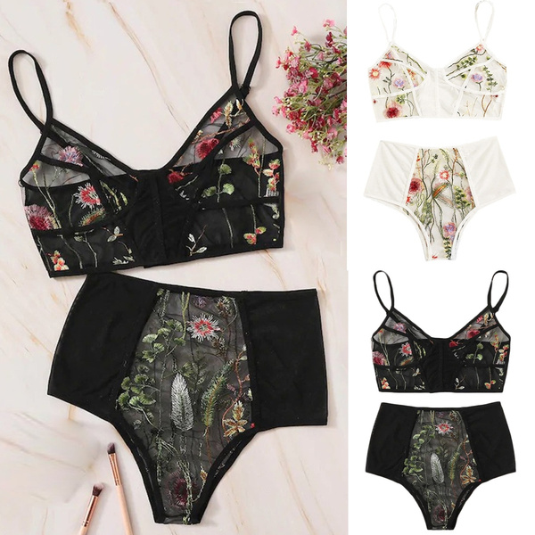 Conjunto De Lencería De Encaje Bordado Floral Con Cuello En Conjunto De Lencería De Encaje Bordado Floral Con Cuello En