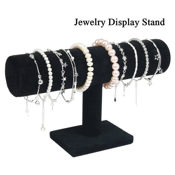 Black Velvet T-Bar Jewelry Rack Bracelet Necklace Stand Organizer Holder Display 