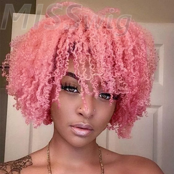 Beautiful Short Curly Hair Full Wigs Ombre Pink Synthetic Wig for Women