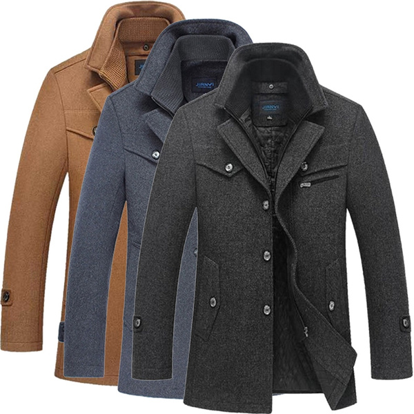 Men Fashion Autumn Winter Wool Trench Coats Middle Long Jacket Male Double Collar Zipper Coat