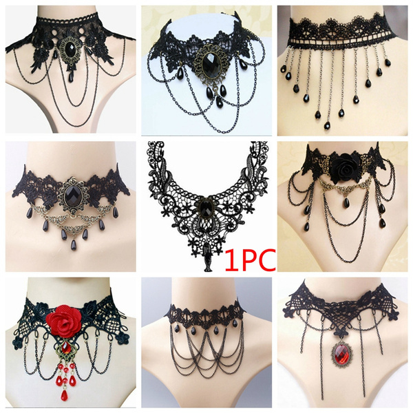 Jewelry Sexy Victorian Steampunk Style Women Chokers Gothic Collar Black  Lace Necklace Beads Pendant