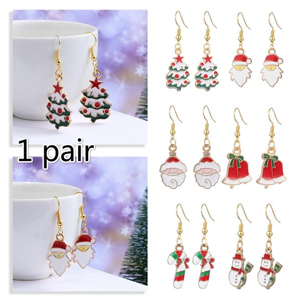 Christmas Enamel Drop Dangle Earrings Tree Santa Claus Snowman Ear Hook Jewelry 
