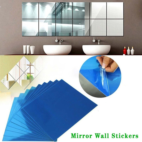9pcs Mirror Wall Stickers Self Adhesive Tiles Sheets Diy Bathroom Wardrobe Mirrors Creative Home Decor Wish - Mirror Sheets For Bathroom Walls