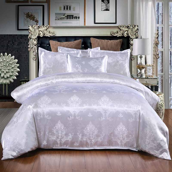 White Luxurious 2 3pcs Set Silk Embroidery Flower Bedding Queen Size Satin Jacquard Duvet Cover No Comforters And Sheets Wish Queen Size Satin Jacquard Duvet Cover, White Bedding With Embroidered Flowers