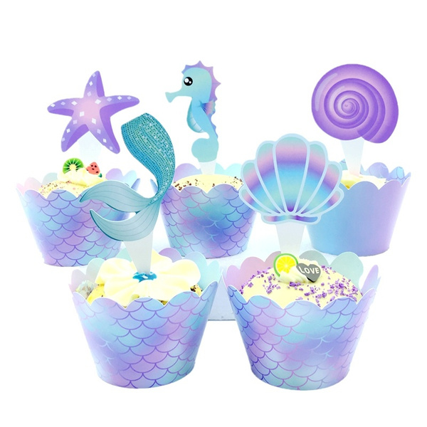 20 Sets Shining Mermaid Tail Starfish Seahorse Cupcake Wrapper Toppers ...
