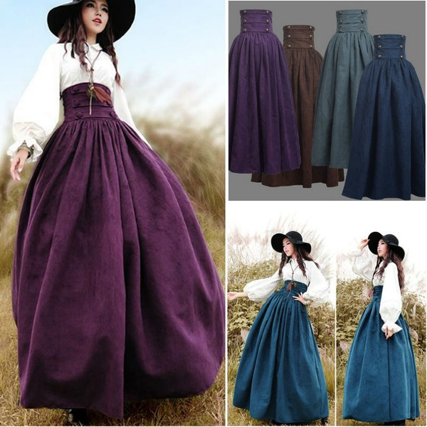 Victorian Women Long Skirt High Waisted Lace Up Pleated Skirts Lace Maxi  Skirt