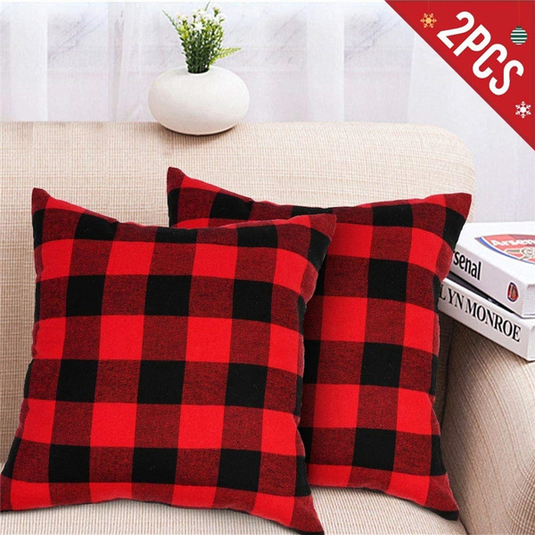 Buffalo Check Plaid Throw Pillow Case Cushion Cover Black And Red 2 Pcs 18”X18” 