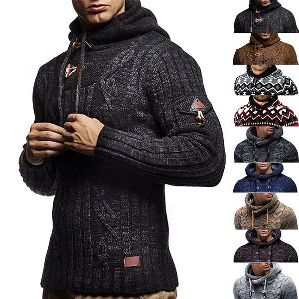 Fubotevic Men Hoodie Splicing Fashion Slim Fit Knitting Contrast Winter Pullover Hoodie Sweatshirt