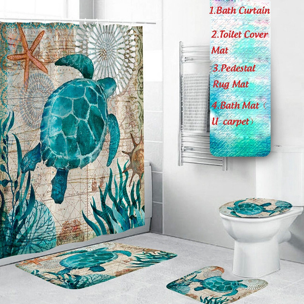 Sea Turtles Waterproof Bathroom Shower Curtain Set Toilet Cover Mat Non-Slip Rug 