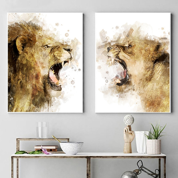 Lion Watercolor Print Lion And Lioness Painting Safari Canvas Poster Nursery Animal Wall Art Living Room Decoration Picture Wish