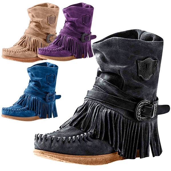 BIKETAFUWY Western Fringe Booties,Womens Fringe Suede Short Boots Casual Round Toe Rome Ankle Boots Retro Flat Shoes 