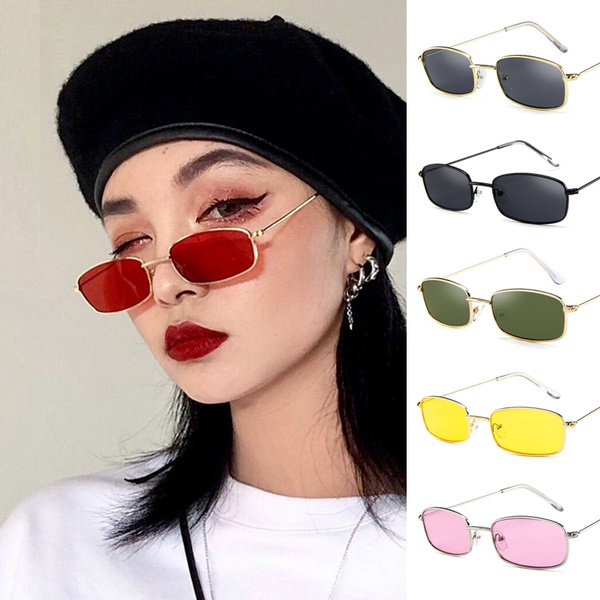 Fashion Small Retro Shades Rectangle Sunglasses Men Red Lens Yellow Metal  Frame Clear Lens Sun Glasses For Women Unisex UV400