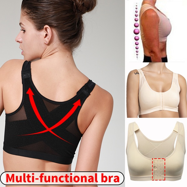 Women's Post-Surgical Front Closure Sports Bra Adjustable Wide Strap  X-shape Back Support Bra