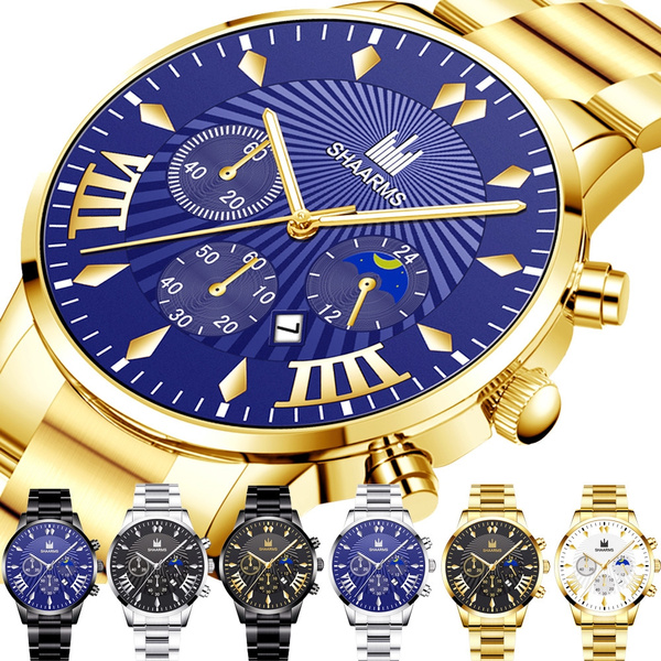 SHAARMS Watches Men Stainless Steel Sport Analog Quartz Watch Men Luxury Brand Business Dress Wristwatch Montre Homme Color Gold Blue