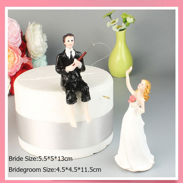 Bride&Groom Figurine Cake Topper Hooked on Love Fishing Groom Catching  Bride Funny Wedding Cake Decor