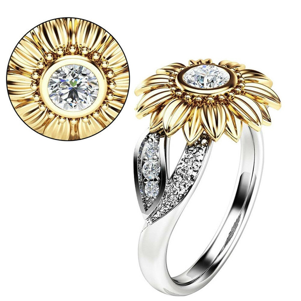 Sunflower Ring Crystal White Topaz Wedding Ring Band Women Jewelry Crystal Gift Sunflower Ring Crystal White Topaz Wedding Ring Band Women Jewelry Crystal Gift