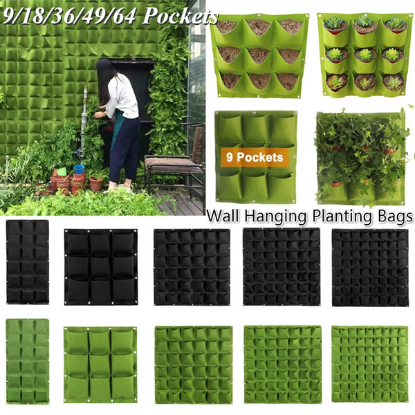 64 Pockets Outdoor Vertical Hanging Wall Garden Plant Bags Wall Planter Green 