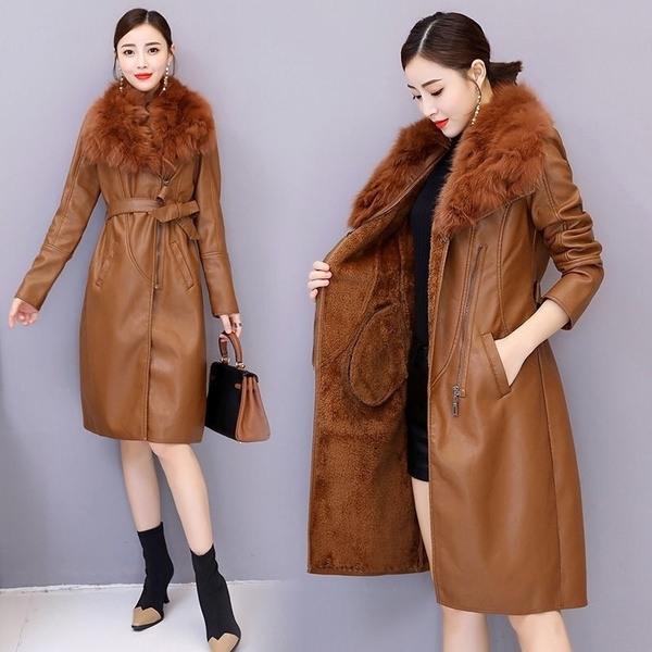 Giacca in pelle da donna per Winter Plus Velvet Warm Slim Collo in  pelliccia grande Cappotto lungo in pelle Capispalla donna M-4XL | Wish