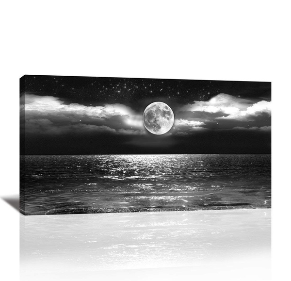 Canvas Art Black White Moon Sea Ocean Landscape Paintings Canvas Wall Art  Print Paintings Modern Giclee Artwork for Wall Decor and Home Decor  Stretched and Framed Ocean&Moon